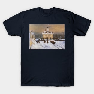 Courthouse Snow Oil on Canvas T-Shirt